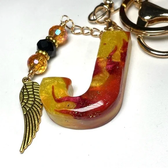 Custom Flames Initial “J” Keychain with Crystal Wing Charm - Picture 2 of 6